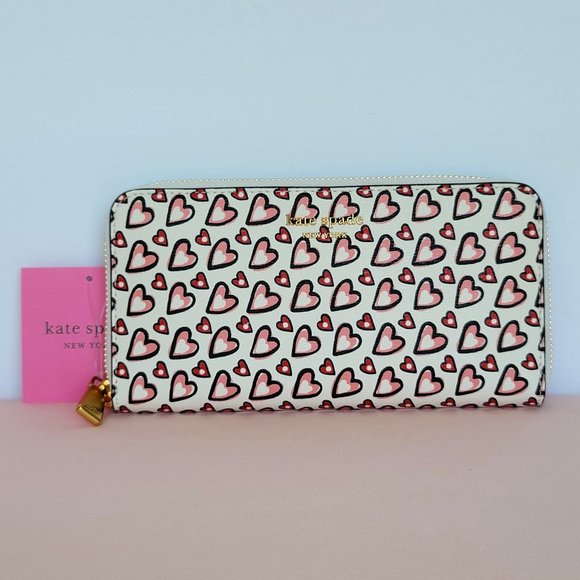 KATE SPADE Morgan Fancy Hearts Printed Zip-Around Continental Wallet-Cream Multi